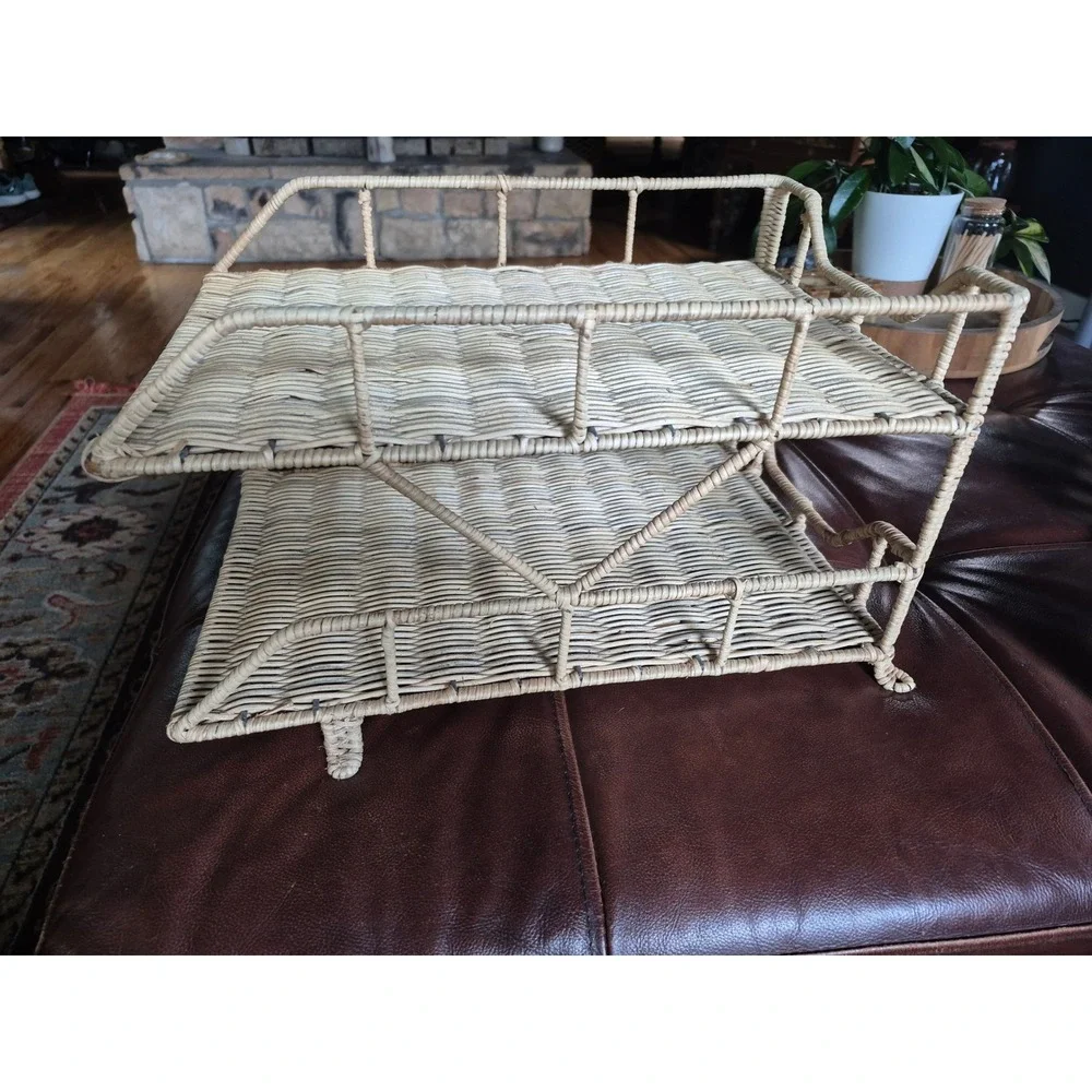Vintage Wicker Rattan 2 Tier Desk Letter Paper Tray Organizer Boho Office Decor